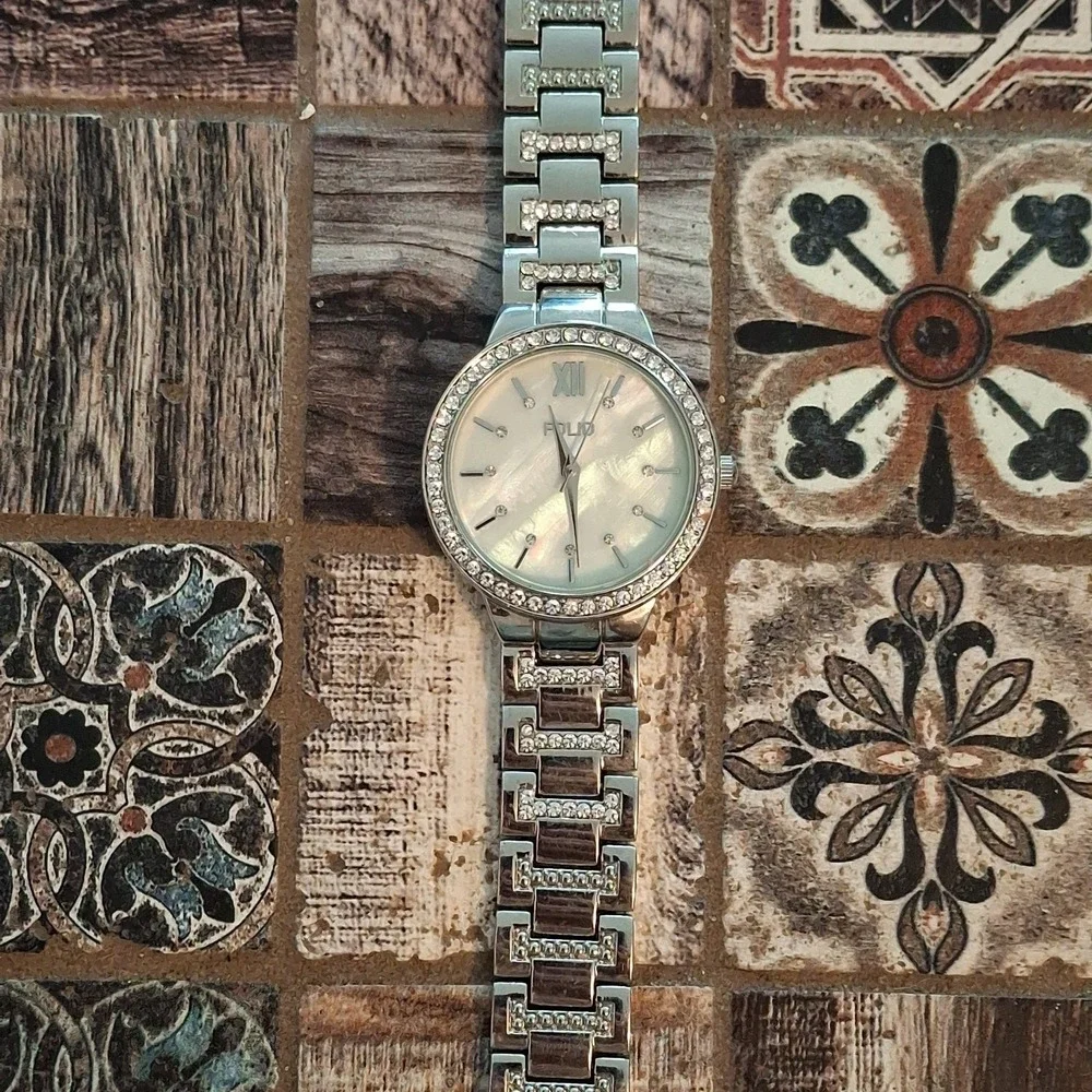 Two Womens Rhinestone Encrusted Silvertone 34mm Watches. Pre-Owned.